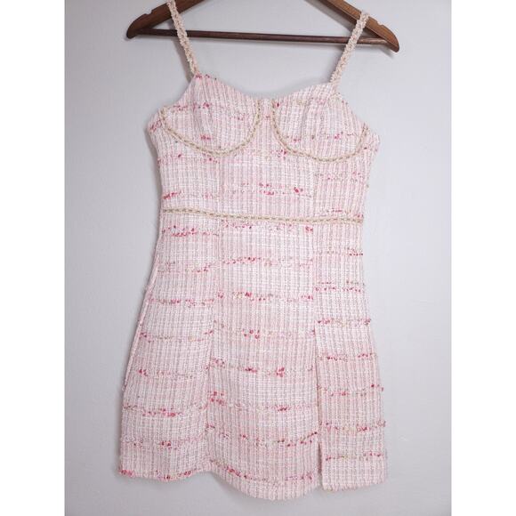 Hello Fashion Tweed mini dress bouclé fabric pink beige structured bustier style - Picture 1 of 14